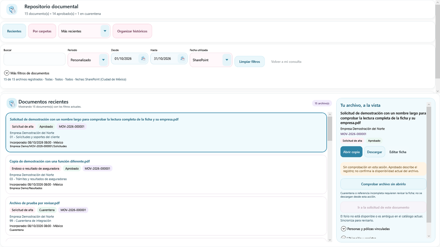 Repositorio documental de ShellyTools con archivos y una empresa de demostración, filtros y ficha del documento.