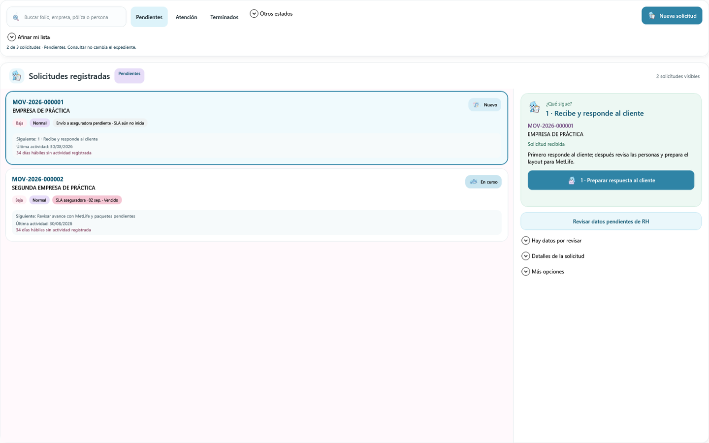 Módulo de solicitudes de ShellyTools con empresas de práctica, estados y siguiente acción.